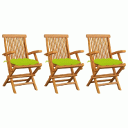 VidaXL Chaises De Jardin Avec Coussins Vert Vif Lot De 3 Bois De Teck - vert 3062540