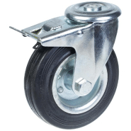 Roulette pivotante/frein de 125 mm en caoutchouc noir sur roue centrale en acier embouti Roulette pivotante/frein de 125 mm en caoutchouc noir sur roue centrale en acier embouti