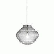 Zafferano Bonnie Suspension en verre soufflé transparent avec traitement rigadin, structure en métal gris, hauteur 313 cm, douille E27, idéale pour