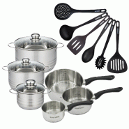 Batterie de cuisine avec 3 casseroles 12/16/20 cm et 3 faitouts 16/20/24 cm avec 6 ustensiles de cuisine sans PFAS Fackelmann Généva Brillant Fénix