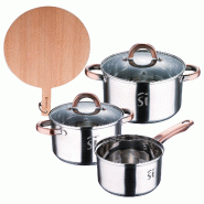 BERGNER - Batterie de Cuisine 5 Pièces en Acier Inoxydable Ø16/18/20cm Compatible Induction avec Planche à Découper Ronde 38×28×1,5cm en Bois de