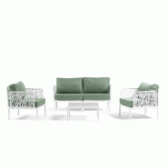 RATTATAN Ensemble relax de jardin HOYA en résine avec coussins déhoussables, un canapé, de deux fauteuils et d’une table avec plateau en verre �