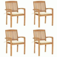 VidaXL Chaises De Jardin Empilables Avec Coussins Lot De 4 Teck Solide - beige 3073212 VidaXL Chaises De Jardin Empilables Avec Coussins Lot De 4 Teck Solide - beige 3073212