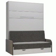 ARMOIRE LIT ESCAMOTABLE KOMPACT SOFA BLANC MAT CANAPÉ TIROIRS ACCOUDOIRS TISSU GRIS 140*200 CM