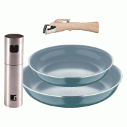 BERGNER - Jeu de 2 Poêles Ø24/28 cm en Aluminium Embouti Recyclé Vert avec Manche Amovible et Vaporisateur d'Huile/Vinaigre en Acier Inoxydable - P