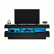 Meuble TV Merax 160 cm noir brillant avec 3 étagères en verre, éclairage LED, contrôle par application, connectivité Bluetooth pour téléviseurs