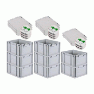 PROREGAL 8x Bac Euro NextGen Economy couvercle à charnières, fermetures à glissière vertes, poignées fermées, 22x30x40cm, 20L - noir plastique R