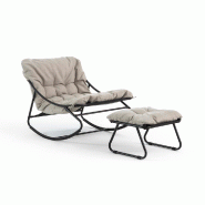 RATTATAN Fauteuil à bascule avec repose-pieds en acier et tissu avec coussins rembourrés, design moderne, jardins couverts, terrasse, salon – Adel