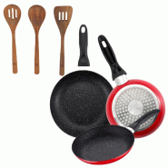 BERGNER - Jeu de 3 poêles avec revêtement en marbre Ø16/Ø20/Ø24 cm avec set 3 pièces d'ustensiles de cuisine en bois d'acacia - PK9176
