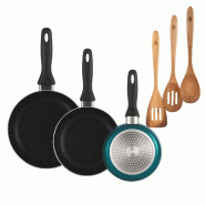BERGNER - Set de 3 poêles Ø16/20/24cm en aluminium pressé Bleu métallisé avec set de 3 ustensiles de cuisine 32,8x33x7x1,4cm Xmart - PK9838