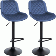 Décoshop26 - Lot de 2 tabourets de bar repose-pieds hauteur réglable en velours bleu coutures losange cadre métal noir 10_0006066 - bleu métal 300