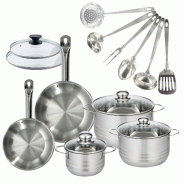 Batterie de cuisine 2 poêles 20/24 cm et couvercles, 3 faitouts 16/20/24 cm et 6 ustensiles Fackelmann Eterna - gris inox 3176239935387