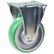 Roulette fixe de 160mm avec polyuréthane élastique convexe vert sur centre en fonte. Roulette fixe de 160mm avec polyuréthane élastique convexe vert sur centre en fonte.