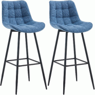 Décoshop26 - Lot de 2 tabourets de bar coutures décoratives carrées avec repose-pieds en tissu bleu quatre pieds en métal 10_0006598 - bleu métal