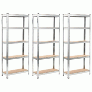 Helloshop26 - Lot de 3 étagères de rangement charge lourde robuste atelier garage outils acier galvanisé et MDF 172 cm argenté 02_0000719 - argent