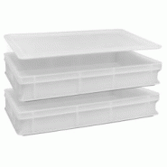 Lot de 2 boîtes de service pour pâte 40x30x10h cm avec 1 couvercle, avec fond et parois fermées Capacité 10 litres Polyéthylène alimentaire blan Lot de 2 boîtes de service pour pâte 40x30x10h cm avec 1 couvercle, avec fond et parois fermées Capacité 10 litres Polyéthylène alimentaire blan
