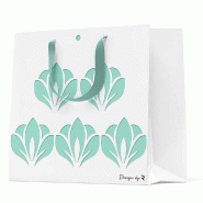 Sac luxe blanc découpe fleurs turquoise poignées ruban 24x8x18 cm - par 12