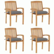 VidaXL Chaises De Jardin Empilables Avec Coussins Lot De 4 Teck Solide - gris 3073256 VidaXL Chaises De Jardin Empilables Avec Coussins Lot De 4 Teck Solide - gris 3073256