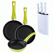 BERGNER - Ensemble de 3 poêles Ø20/Ø24/Ø28 cm en aluminium embouti Molen Vert avec ensemble de 3 couteaux en acier inoxydable avec bloc - PK9377
