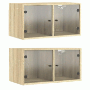 Helloshop26 - Lot de 2 armoires murales avec portes vitrées rangement pratique 68,5 x 37 x 35 cm en bois d'ingénierie chêne sonoma 02_0049339 - ver
