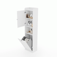 Merax Meuble de salle de bain , étagères réglables, compartiment rabattable et compartiments ouverts, 45 x 30 x 180.5 cm, blanc - blanc Bois manufa