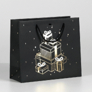 Sac luxe "Cadeaux or" noir poignées torsadées 20+10x17cm - par 12