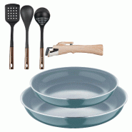 BERGNER - Ensemble 2 poêles Ø22/26cm aluminium embouti vert adapté induction avec poignée amovible et Ensemble 3 ustensiles cuisine PBT noir et cu