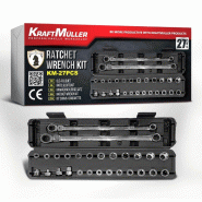 Coffret cliquet Kraft Muller KM-27PCS, comprenant 2 clés Flex de 14 et 19mm, avec 25 emboûts - 3666630002912