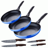 San Ignacio Blue Navy Paradise - Jeu de 3 poêles (16/20/24 cm) en aluminium pressé compatibles induction avec set de couteaux de cuisine - aluminium