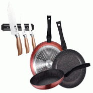BERGNER - Set de 3 poêles Venus Ø20/24/28cm en aluminium forgé compatible induction avec jeu de 3 couteaux en acier inoxydable avec support mural -