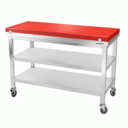Table de travail en inox 1400x600 mm avec plaque de découpe rouge et 2 étagères sur roulettes PREMIUM - GOLDINOX - gris inox 3701770841165