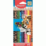 Maped - Crayons de Couleur Color'Peps Animals FSC - Crayon de Coloriage Triangulaire Ergonomique - Crayons Décorés Animaux - Pochette de 12 Crayons