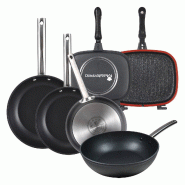 Masterpro - Jeu de 3 Poêles Ø24/Ø28/Ø30 cm avec Wok Ø28 cm et Poêle Double 30x24 cm en Aluminium Compatibles Induction Couleur Noire FOODIES - a