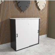 Armoire mi-haute à portes coulissantes - Mobel Linea - 100, Blanc pastel, Gris anthracite_0