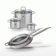 Batterie de cuisine avec 2 poêles 28/32 cm et 3 faitouts 14/20/26 cm en inox avec 6 ustensiles de cuisine Elo Collection Relief Solution Citrin - gri