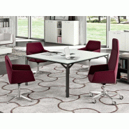 Table de réunion design en verre Hologram - plateau verre trempé blanc avec trappe passe-câbles - L140xP140 ou L160xP140 cm - piètement acier blanc ou gris ombre