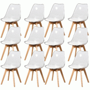12 Chaises Tulipes Salle à Manger Scandinaves Bm Home Salle de Bureau, Pieds Bois de Hêtre Massif, Transparente, Assise Blanche - transparent plasti