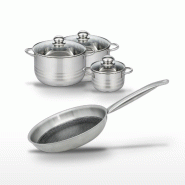 Batterie de cuisine avec 3 faitouts 14/20/24 cm et 1 poêle de cuisson 28 cm en inox et sans PFAS Elo Collection Relief Solution Brillant - gris 31762