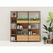 Bibliothèque Myst modulaire avec bac à plantes et fond en bois mélaminé