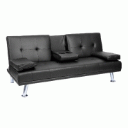 Décoshop26 - Canapé 3 places convertible avec porte-gobelets rabattables dossier réglable 166 x 97 cm similicuir noir 04_0010968 - noir 3000268337655