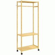 Helloshop26 - Portant à vêtements sur roulettes 70 x 35 x 175 cm avec tringle et 2 étagères avec freins scandinave en bambou naturel 21_0005896 -