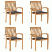VidaXL Chaises De Jardin Empilables Avec Coussins Lot De 4 Teck Solide - gris 3073210 VidaXL Chaises De Jardin Empilables Avec Coussins Lot De 4 Teck Solide - gris 3073210