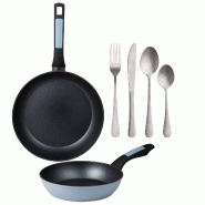 BERGNER - Jeu de 2 Poêles Ø20/26 cm en Aluminium Pressé Compatible Induction avec Jeu de 16 Couverts en Acier Inoxydable - PK9519