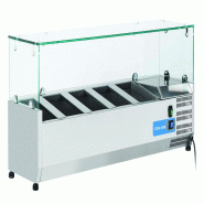 Vitrine réfrigérée pour condiments en acier inoxydable pour 5 plateaux GN1/4. Dimensions 130x33.5x44h cm. Température +2°C/+8°C. Tête froide VR