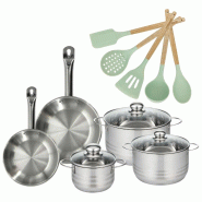 Lot 2 Poêles 20/24cm et 3 Faitouts 16/20/24cm Fackelmann Etherna avec 5 ustensiles - gris Acier inoxydable 18/10 3176239920031