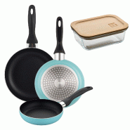 BERGNER - Set de 3 poêles Ø16/20/24cm en aluminium pressé Bleu mat avec boîte hermétique de 650 ml en verre borosilicate NATURALLY - PK9932