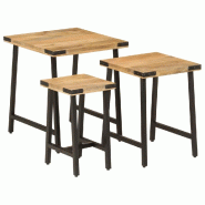 Tables basses gigognes 3 pcs bois massif de manguier et fer Modèle Balcon Omicron Plus - 372735