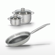 Batterie de cuisine avec 1 poêle de cuisson 28 cm et 2 faitouts 24/14 cm en inox sans PFAS Elo Collection Relief Solution Brillant - gris 31762399411