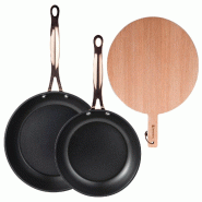 BERGNER - Jeu de 2 poêles Ø20/24 cm en aluminium forgé noir mat avec planche à découper ronde en bois de hêtre - PK9542
