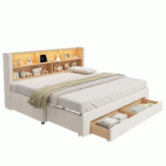 Merax Lit banquette 90x200 cm extensible à 180x200 cm, canapé-lit en velours beige avec LED, USB-C, tiroirs et rangement - beige multi-matériau N63 Merax Lit banquette 90x200 cm extensible à 180x200 cm, canapé-lit en velours beige avec LED, USB-C, tiroirs et rangement - beige multi-matériau N63